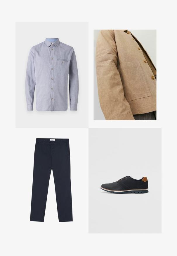 Brun linnedjakke med et enkelt design, der har krave, knapper og en påsyet lomme foran. Blød tekstur og skræddersyet form.; Lysblå og hvid ternet langærmet skjorte med button-down krave, brystlomme, manchetter med knapper og trækknapper i træ.; Marineblå chinos lavet af bomuld med en glat overflade, der har lynlås, bæltesløjfer og sidelommer for funktionalitet.; Sorte syntetiske sko med en tekstureret overdel, glatte accenter, brun hæl og en kontrasterende sål. Har minimale snørebånd og syningsdetaljer.