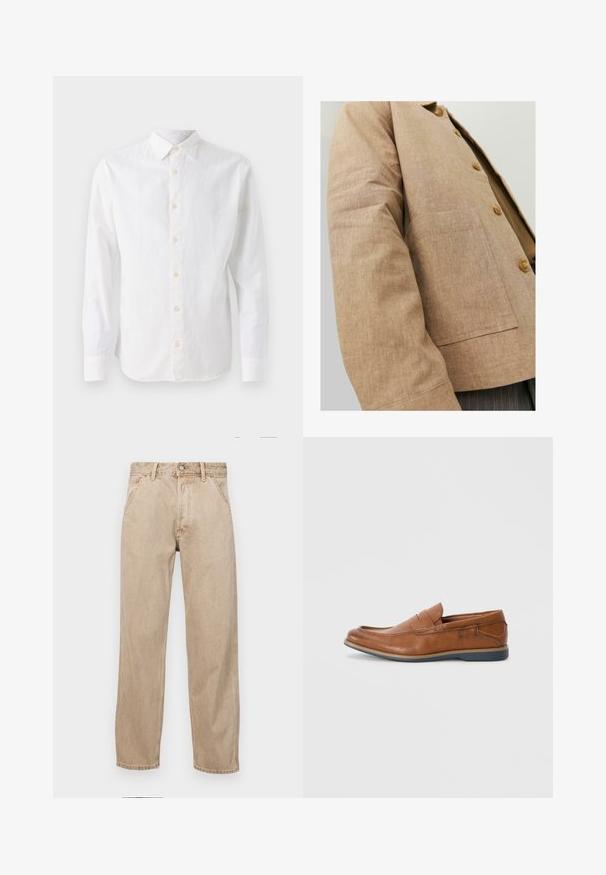 Rjav laneni jopič s preprostim dizajnom, ki vključuje ovratnik, gumbe in žep na sprednji strani. Mehka tekstura in prilagojena oblika.; Bela srajca z dolgimi rokavi, izdelana iz lahkotnega blaga, z klasičnim ovratnikom, sprednjim gumbom in gladko, rahlo teksturirano površino.; Beige jeans iz džinsa s ravnim nogavicama, ki imajo sprednje žepe, kovinsko zapiranje in subtilno teksturo.; Rjavi usnjeni loafers s okroglo konico, šivi na površini in nizkim gumijastim podplatom. Oblikovanje vključuje pas čez zgornji del.