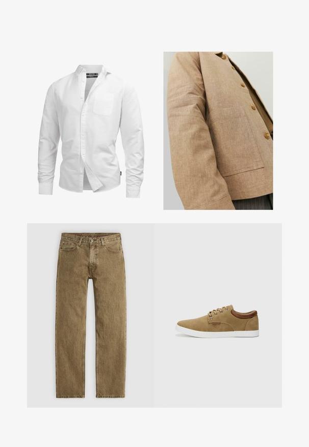 Brun linnedjakke med et enkelt design, der har krave, knapper og en påsyet lomme foran. Blød tekstur og skræddersyet form.; Hvid langærmet skjorte i bomuld med knapper, der har en brystlomme, klassisk krave og almindelig pasform med en buet kant.; Lysebrune denimbukser med lige ben design, fem lomme stil og hardware i kopfarbe. Struktureret stof med synlige sømdetaljer.; Tan ruskindsneaker med hvid gummisål, brune læderdetaljer på hælen og sølvøjer til snørebånd. Simpelt, rundt design.