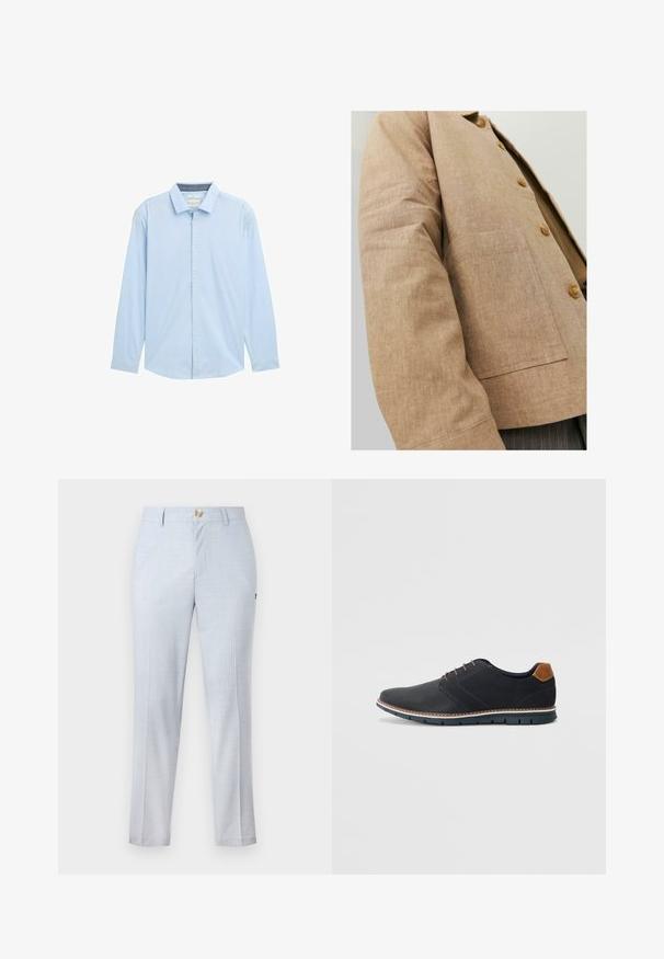 Rudas lininis švarkas su paprastu dizainu, turintis apykaklę, mygtukus ir kišenę šoninėse. Minkšta tekstūra ir pritaikyta forma.; Šviesiai mėlyna vyriška ilgarankovė elegantiška marškiniai su mygtukų uždarymu ir klasikiniu apykakle, nufotografuota ant balto fono.; Šviesiai mėlyni kelnės, pagamintos iš audinio, turinčios klasikinį sijoną, tiesias kojas, priekinėmis kišenėmis ir mygtuko užsegimu. Subtilus raštas.; Juodi sintetiniai batai su tekstūruotu paviršiumi, lygiomis detalėmis, ruda kulna ir kontrastingu padu. Yra minimalus raištelių užsidėjimas ir siuvimo detalės.