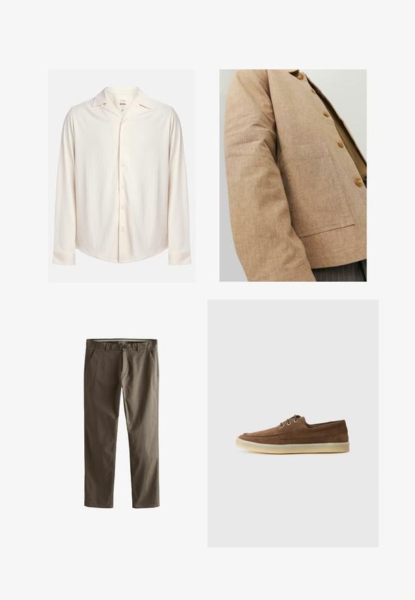 Braune Leinenjacke mit schlichter Optik, ausgestattet mit einem Kragen, Knöpfen und einer aufgesetzten Tasche auf der Vorderseite. Weicher Griff und taillierte Form.; Cremfarbener, langärmliger Button-Up-Hemd mit einem strukturierten Streifenmuster und einem eingeschnittenen Kragen. Verfügt über einen abgerundeten Saum und Knopfakzente.; Braune Baumwoll-Chinos mit geradem Beinschnitt, frontalen Taschen und Knopfverschluss. Merkmale sind eine glatte Textur und klare Linien.; Braune Wildlederschuhe mit niedriger Profilhöhe, Schnürdesign, Gummisohle und kontrastierenden Nähdetails. Schlichtes und funktionales Design.