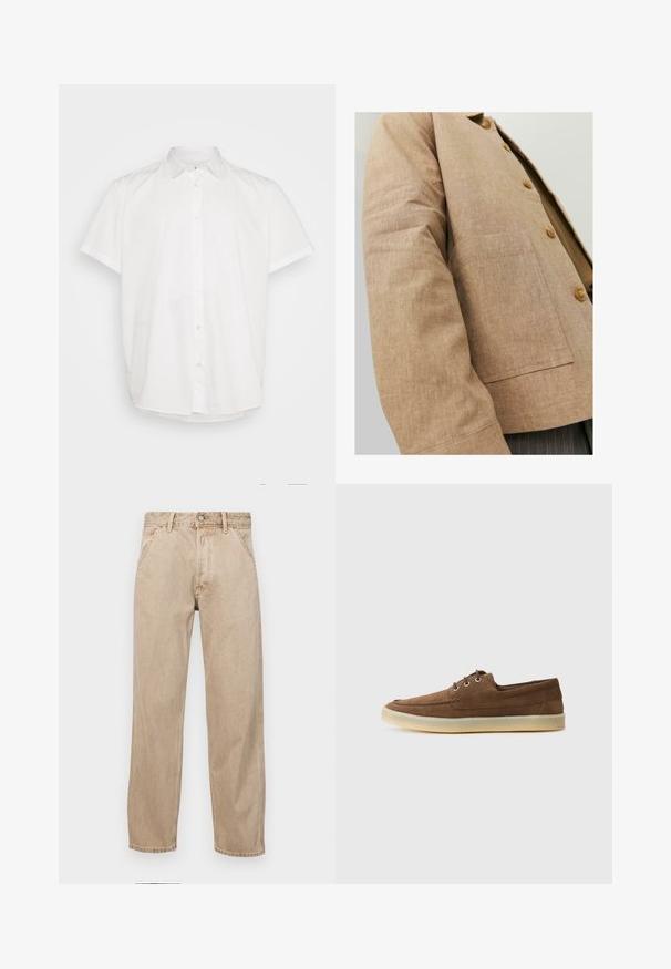 Bruine linnen jas met een eenvoudig ontwerp, voorzien van een kraag, knopen en een opgestikte zak aan de voorkant. Zachte textuur en getailleerde pasvorm.; Witte kortebloemige shirt van katoen, met een klassieke kraag en een knoopsluiting aan de voorkant, voorzien van een rechte zoom. Soepele textuur, zonder patronen.; Beige denim jeans met een recht gesneden ontwerp, voorzien van voorzakken, een metalen knoopsluiting en een subtiele textuur.; Bruine suede schoenen met een laag profiel, vetersluiting, rubberen zool en contrasterende stiksels. Eenvoudige en functionele stijl.