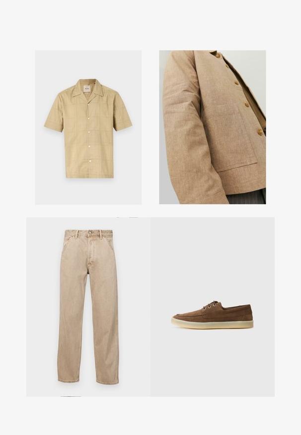 Giacca in lino marrone con un design semplice, caratterizzata da colletto, bottoni e una tasca a patta sul davanti. Texture morbida e forma su misura.; Camicia a maniche corte, con bottoni, di colore beige chiaro con un sottile motivo a griglia. Realizzata in un tessuto morbido e textured; presenta un colletto classico e cinque bottoni.; Jeans in denim beige con un design a gamba dritta, dotati di tasche frontali, chiusura con bottone metallico e una texture delicata.; Scarpe in suede marrone con profilo basso, design con lacci, suola in gomma e dettagli di cucitura a contrasto. Stile semplice e funzionale.