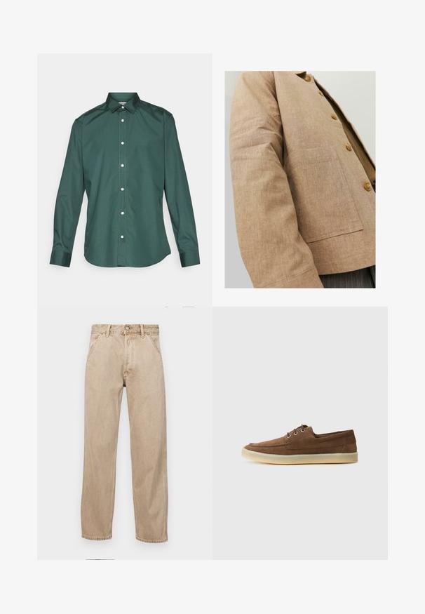 Bruine linnen jas met een eenvoudig ontwerp, voorzien van een kraag, knopen en een opgestikte zak aan de voorkant. Zachte textuur en getailleerde pasvorm.; Groen button-up shirt gemaakt van gladde stof, met een klassieke kraag, lange mouwen en witte knopen aan de voorkant. Geen patronen.; Beige denim jeans met een recht gesneden ontwerp, voorzien van voorzakken, een metalen knoopsluiting en een subtiele textuur.; Bruine suede schoenen met een laag profiel, vetersluiting, rubberen zool en contrasterende stiksels. Eenvoudige en functionele stijl.