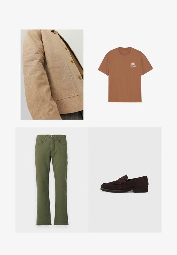Hnědá lněná bunda s jednoduchým designem, která má límec, knoflíky a náprsní kapsu. Měkká textura a přiléhavý střih.; Hnědé tričko s krátkým rukávem vyrobené z bavlny, s růžovou grafikou slunce a textem "SOLAR" na levé kapse. Design s kulatým výstřihem.; Olivově zelené rozšířené džíny vyrobené z bavlny s hladkým povrchem; obsahují pět kapes, zapínání na knoflík a jemné prošívání.; Hnědé semišové mokasíny s nízkým profilem a kulatou špičkou. Mají dekorativní pásek přes horní část, plochou gumovou podrážku a žádné viditelné švy.