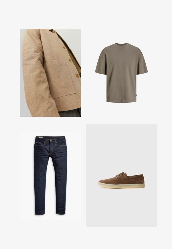 Giacca in lino marrone con un design semplice, caratterizzata da colletto, bottoni e una tasca a patta sul davanti. Texture morbida e forma su misura.; T-shirt in cotone di un verde oliva tenue; presenta un collo rotondo, maniche corte e una vestibilità rilassata con dettagli di cucitura minimi.; Jeans in denim blu scuro con vestibilità slim, caratterizzati da cuciture arancioni, design a cinque tasche e hardware in metallo. Texture liscia, senza motivi.; Scarpe in suede marrone con profilo basso, design con lacci, suola in gomma e dettagli di cucitura a contrasto. Stile semplice e funzionale.