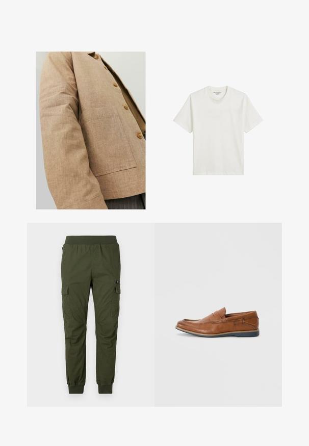 Bruine linnen jas met een eenvoudig ontwerp, voorzien van een kraag, knopen en een opgestikte zak aan de voorkant. Zachte textuur en getailleerde pasvorm.; Witte katoenen t-shirt met een ronde halslijn, korte mouwen en een relaxed fit. Label is binnen in de kraag gedrukt; geen zichtbare patronen of accenten.; Olijfgroene cargobroek met elastische tailleband, zijzakken en enkelmanchetten; gemaakt van duurzame stof met een gladde textuur.; Bruine leren instappers met een ronde neus, gestikte details en een lage rubberen zool. Het ontwerp heeft een band over de bovenkant.