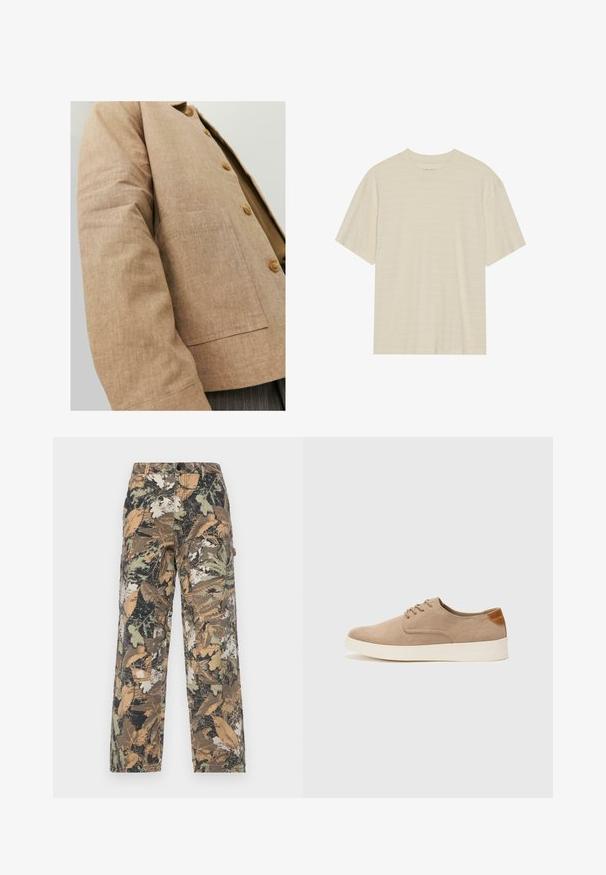 Giacca in lino marrone con un design semplice, caratterizzata da colletto, bottoni e una tasca a patta sul davanti. Texture morbida e forma su misura.; T-shirt a maniche corte di colore crema con una delicata trama a righe e scollo rotondo, realizzato in tessuto leggero.; Only & Sons ONSFADE CARPENTER LOOSE PANT - Pantaloni - bungee cord; Sneaker in suede beige con punta arrotondata, stringhe davanti e un accento testurizzato sul retro. La suola in gomma bianca offre un contrasto. Design semplice e moderno.