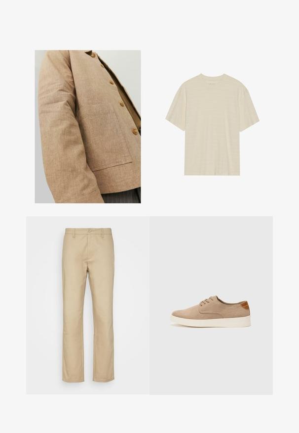 Pruun lina jakk lihtsa disainiga, millel on krae, nupud ja ees nööpauk. Pehme tekstuur ja kohandatud lõige.; Kreemi tooni lühikese varrukaga T-särk, mis sisaldab õrna triibulist tekstuuri ja ümardatud kaelust, valmistatud kergest kangast.; Beežid chinos, sirge jala disain, puuvilla ja sünteetiliste kiudude segu kangas, ees nööbilukuga, vööde jaoks silmad, ja ääreõmblused. Pole nähtavaid mustreid ega aktsente.; Beežid nahast tossud ümarate varvastega, paeltega esiosa ja tekstuuriga tagakontuuriga. Valge kummist tallapakkumine loob kontrasti. Lihtne ja kaasaegne disain.