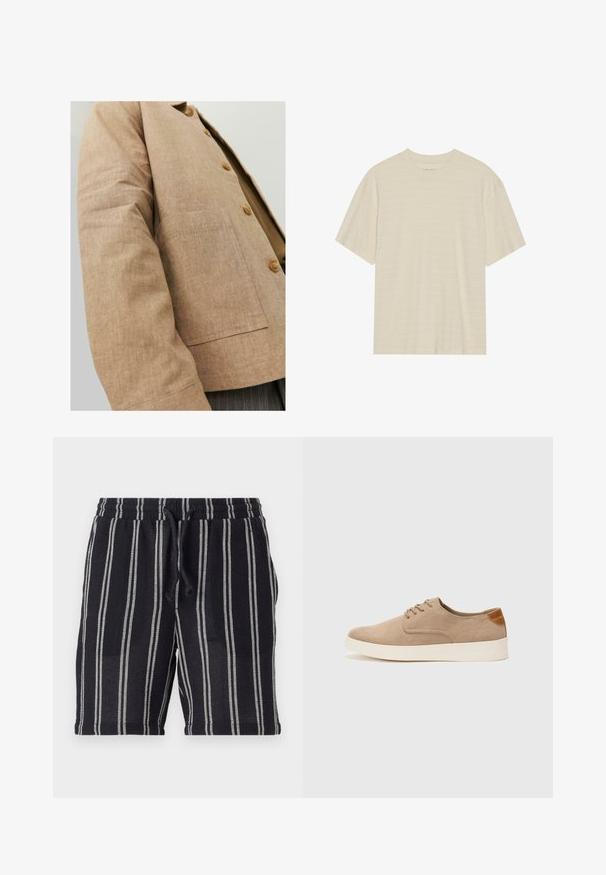 Giacca in lino marrone con un design semplice, caratterizzata da colletto, bottoni e una tasca a patta sul davanti. Texture morbida e forma su misura.; T-shirt a maniche corte di colore crema con una delicata trama a righe e scollo rotondo, realizzato in tessuto leggero.; Pantaloni corti a righe bianche e nere con un elastico in vita, chiusura con coulisse e un tessuto testurizzato. Taglio a metà coscia.; Sneaker in suede beige con punta arrotondata, stringhe davanti e un accento testurizzato sul retro. La suola in gomma bianca offre un contrasto. Design semplice e moderno.