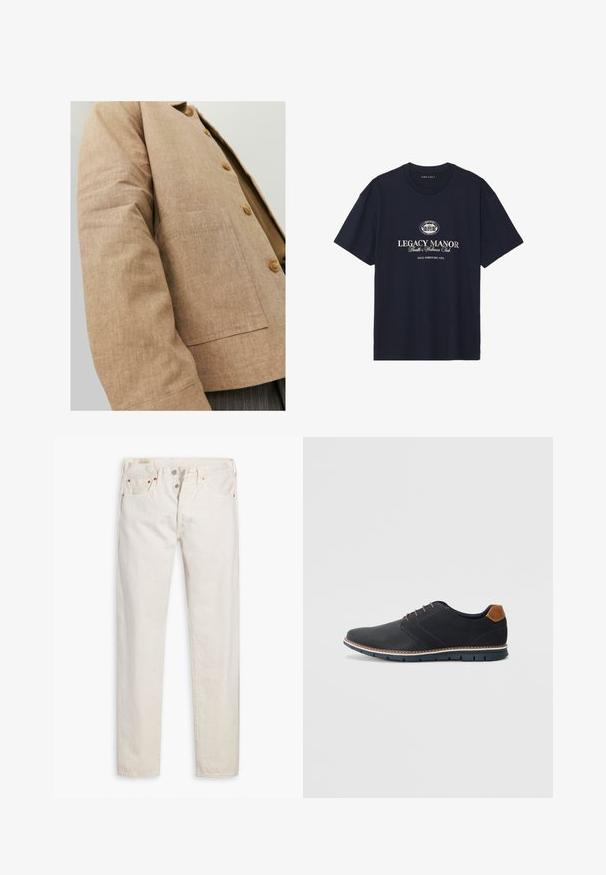 Chaqueta de lino marrón con un diseño sencillo, que presenta un cuello, botones y un bolsillo de parche en la parte frontal. Textura suave y forma ajustada.; Camiseta de algodón azul marino con cuello redondo, mangas cortas y un gráfico central que presenta "Legacy Manor" en letras beige.; Vaqueros de cintura alta de ajuste slim en color blanco roto, con cierre de botón, cinco bolsillos y remaches de cobre, dispuestos sobre un fondo blanco.; Zapatos sintéticos negros con un upper texturizado, acentos lisos, tacón marrón y una suela en contraste. Presenta un cordón mínimo y detalles de costura.