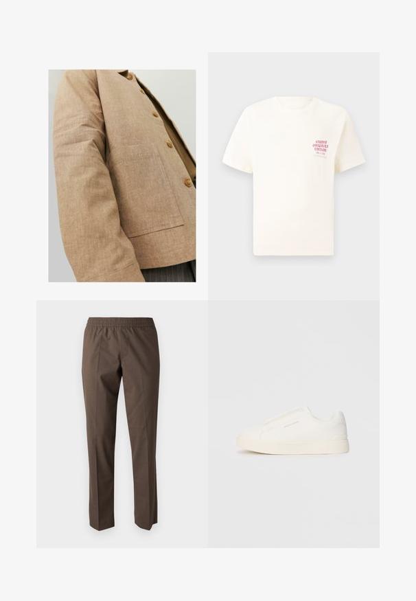 Rjav laneni jopič s preprostim dizajnom, ki vključuje ovratnik, gumbe in žep na sprednji strani. Mehka tekstura in prilagojena oblika.; Bela majica s kratkimi rokavi z rdečim napisom "Studio Originals Edition" na levi strani prsnega koša, prikazana na nevtralnem sivo backgroundu.; Rjave hlače iz gladkega materiala, z elastičnim pasom, ravno krojenjem in brez vidnih žepov ali okrasnih elementov.; Bele zapete brez vezalk z teksturirano površino, debelim podplatom in minimalističnim dizajnom. Na strani se nahaja logotip blagovne znamke.