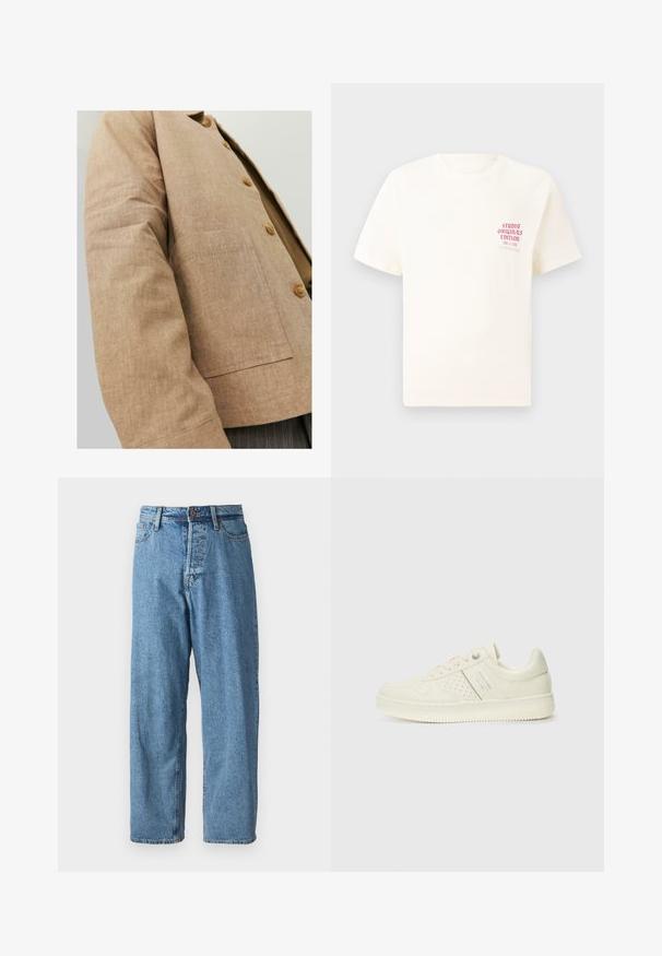 Brown linen jacket with a simple design, featuring a collar, buttons, and a patch pocket on the front. Soft texture and tailored shape.; White short-sleeve T-shirt with red text "Studio Originals Edition" on left chest, displayed on a neutral gray background.; Light blue denim jeans with a loose fit, featuring a button closure, five pockets, and minimal fading for a clean look. Classic tapered leg design.; Cream-colored sneaker with perforated detailing, laces, and logo on the side, displayed against a plain white background.