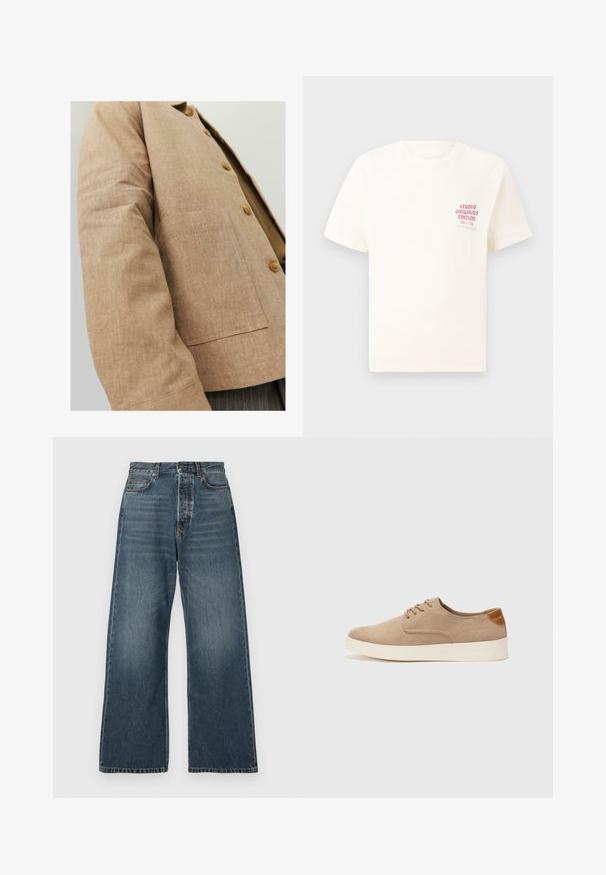 Barna vászonzakó egyszerű dizájnnal, gallérral, gombokkal és egy patkó zsebbel az elején. Puha textúra és formázott kialakítás.; Fehér, rövid ujjú póló, bal mellen piros szöveggel "Studio Originals Edition", semleges szürke háttér előtt.; Magas derekú, bő szárú kék farmernadrág elülső zsebekkel, övhurkokkal és gombos záródással, közepes mosású farmer anyagból.; Beige velúr sportcipő, kerek orral, fűzős elülső résszel és textúrált hátsó részlettel. Fehér gumitalp kontrasztot ad. Egyszerű és modern design.