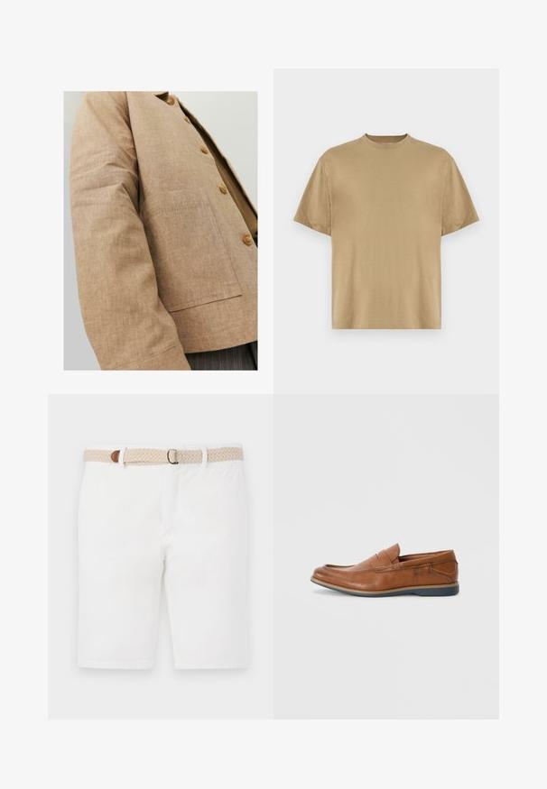 Veste en lin marron au design simple, avec un col, des boutons et une poche plaquée à l'avant. Texture douce et coupe ajustée.; T-shirt khaki à manches courtes en tissu doux, avec un col rond et une coupe décontractée. Aucun motif ou graphique visible.; Shorts en coton blancs avec une ceinture tissée beige accentuée de marron. Les shorts ont un design épuré et une texture lisse.; Mocassins en cuir marron avec un bout rond, des accents cousus et une semelle en caoutchouc basse. Le design présente une bandoulière sur le haut.