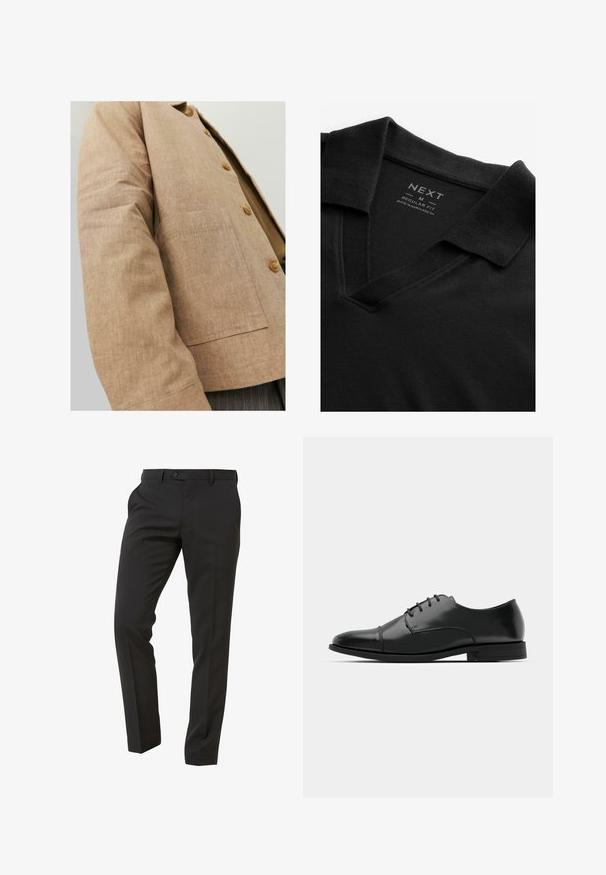 Pruun lina jakk lihtsa disainiga, millel on krae, nupud ja ees nööpauk. Pehme tekstuur ja kohandatud lõige.; Must mustaga V-kaelusega ja tekstuuriga kanga. Omab voltimisega krae ja sildiga, mis näitab brändi ja suuruse teavet. Tavaline lõige.; Next Trousers - Suit Trousers Slim Fit - Ülikonnapüksid - mottled black; Must must esine tugeva varbaga, luku kinnitusega, peente õmblustete detailidega ja madala kontsaga. Sile tekstuur ja poleeritud viimistlus.