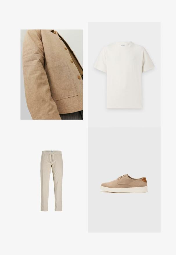 Veste en lin marron au design simple, avec un col, des boutons et une poche plaquée à l'avant. Texture douce et coupe ajustée.; T-shirt blanc à manches courtes en texture côtelée. Encolure ronde, coupe décontractée, sans motifs ni accents visibles. Design simple et polyvalent.; Pantalons en velours côtelé beige avec une taille à cordon de serrage, jambes droites et texture côtelée verticale. Pas de poches ni d'ornements supplémentaires.; Baskets en daim beige avec un embout arrondi, un laçage sur le devant et un accent texturé à l'arrière. La semelle en caoutchouc blanche offre un contraste. Design simple et moderne.