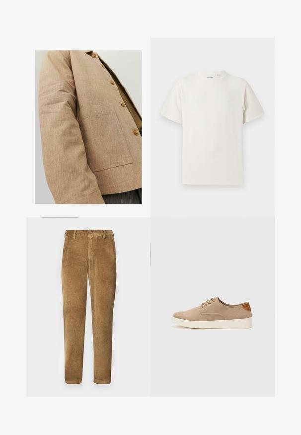 Brown linen jacket with a simple design, featuring a collar, buttons, and a patch pocket on the front. Soft texture and tailored shape.; White short-sleeve T-shirt in a ribbed texture. Round neckline, relaxed fit, no visible patterns or accents. Simple and versatile design.; Brown corduroy pants with vertical ribbed texture, straight cut, button closure, and belt loops. Smooth fabric with a soft finish.; Beige suede sneakers with a rounded toe, lace-up front, and a textured back accent. White rubber sole provides contrast. Simple and modern design.