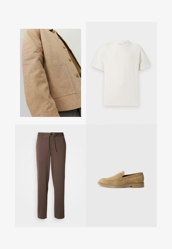 Bruine linnen jas met een eenvoudig ontwerp, voorzien van een kraag, knopen en een opgestikte zak aan de voorkant. Zachte textuur en getailleerde pasvorm.; Witte korte mouwen T-shirt met ribbelstructuur. Ronde hals, ontspannen pasvorm, geen zichtbare patronen of accenten. Eenvoudig en veelzijdig ontwerp.; Bruine sweatpants van zacht materiaal, met een koord in de taille, knoopsluiting en rechte pijpen zonder zichtbare patronen of accenten.; Tan suède instappers met een ronde neus, lage blokhak en gestikte details op de bovenkant. Gladde textuur en minimalistisch ontwerp.