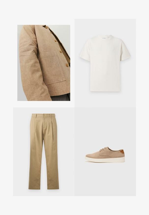 Braune Leinenjacke mit schlichter Optik, ausgestattet mit einem Kragen, Knöpfen und einer aufgesetzten Tasche auf der Vorderseite. Weicher Griff und taillierte Form.; Weißes T-Shirt mit kurzen Ärmeln in gerippter Textur. Runder Ausschnitt, lockere Passform, keine sichtbaren Muster oder Akzente. Einfaches und vielseitiges Design.; Beige Chinos mit geradem Bein, gefaltetem Vorderteil und Knopfverschluss. Glatte Textur und standardmäßiges Bunddesign.; Beige Wildleder-Sneaker mit runder Zehenpartie, Schnürung und strukturiertem Rückenteil. Die weiße Gummisohle sorgt für einen Kontrast. Einfaches und modernes Design.
