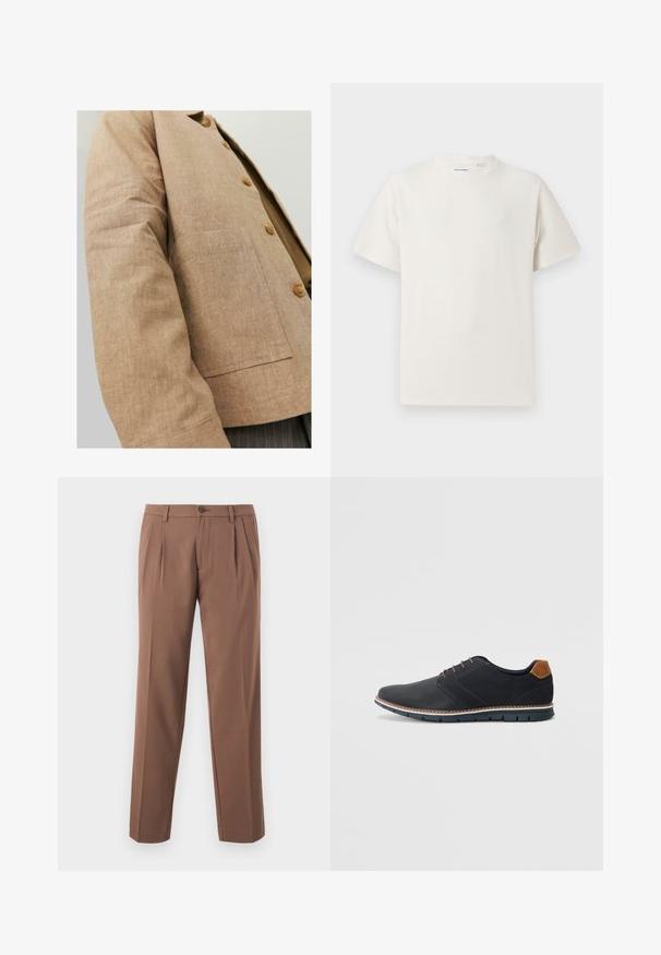 Bruine linnen jas met een eenvoudig ontwerp, voorzien van een kraag, knopen en een opgestikte zak aan de voorkant. Zachte textuur en getailleerde pasvorm.; Witte korte mouwen T-shirt met ribbelstructuur. Ronde hals, ontspannen pasvorm, geen zichtbare patronen of accenten. Eenvoudig en veelzijdig ontwerp.; Bruine geplooide broeks met een rechte pijpdesign, voorzien van een enkele knoopsluiting en een gladde, gestructureerde stof.; Zwarte synthetische schoenen met een gestructureerde bovenkant, gladde accenten, bruine hak en een contrasterende zool. Bevat minimale veters en stikdetails.