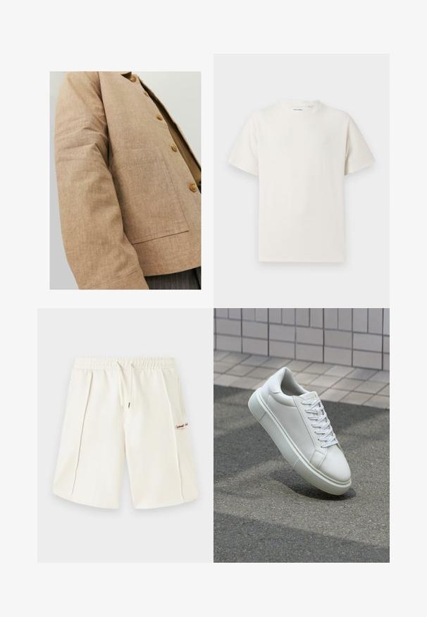 Rjav laneni jopič s preprostim dizajnom, ki vključuje ovratnik, gumbe in žep na sprednji strani. Mehka tekstura in prilagojena oblika.; Bela majica s kratkimi rokavi iz rebraste tkanine. Okrogli izrez, sproščen kroj, brez vidnih vzorcev ali naglasov. Preprosta in vsestranska zasnova.; Kratke hlače krem barve, narejene iz mehke tkanine, z elastičnim pasom, vrvico, stranskimi žepi in majhnim rdečim logotipom na strani.; Bela usnjena teniska obutev z gladko površino, okroglo konico in ravnimi belimi vezalkami. Ima teksturiran gumijast podplat in minimalne oblikovalske elemente.