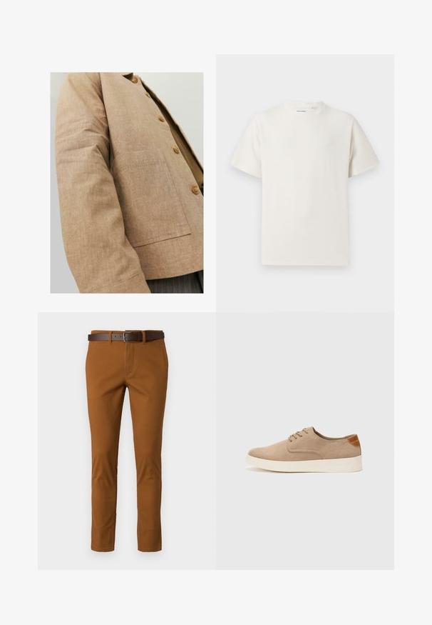 Pruun lina jakk lihtsa disainiga, millel on krae, nupud ja ees nööpauk. Pehme tekstuur ja kohandatud lõige.; Valge lühikeste varrukatega T-särk ribakudumises. Ümar kaelus, mugav lõige, nähtavad mustrid ega aksessuaarid puuduvad. Lihtne ja mitmekesine disain.; Pruunid puuvillased püksid kitsas lõikes, varustatud pruuni nahkvyö ja peente õmblustega. Sile tekstuur ja kohandatud kuju.; Beežid nahast tossud ümarate varvastega, paeltega esiosa ja tekstuuriga tagakontuuriga. Valge kummist tallapakkumine loob kontrasti. Lihtne ja kaasaegne disain.