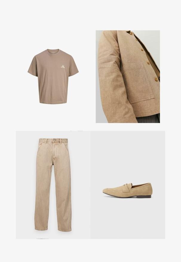 Brun linnedjakke med et enkelt design, der har krave, knapper og en påsyet lomme foran. Blød tekstur og skræddersyet form.; Brun bomulds t-shirt med korte ærmer, en rund halsudskæring og et lille hvidt logo på brystet. Glat tekstur og afslappet pasform.; Beige denimjeans med lige bendesign, med forlommer, metalknaplukning og subtil struktur.; Suedesko i beige med en let glans, med rund tå, slip-on design og en lav brun hæl. Subtile syninger.