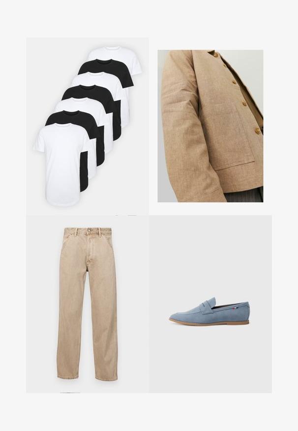 Rjav laneni jopič s preprostim dizajnom, ki vključuje ovratnik, gumbe in žep na sprednji strani. Mehka tekstura in prilagojena oblika.; Nabor osmih majic v črni in beli barvi. Bombažni material, kratki rokavi, standardna oblika, gladka tekstura, z oznako.; Beige jeans iz džinsa s ravnim nogavicama, ki imajo sprednje žepe, kovinsko zapiranje in subtilno teksturo.; Svijetloplavi nubuk loafer sa glatkom teksturom, dekorativnim šavovima i smešnim gumenim đonom. Ima dizajn proreza za novčiće na gornjem delu.