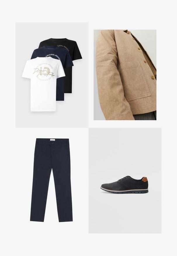 Bruine linnen jas met een eenvoudig ontwerp, voorzien van een kraag, knopen en een opgestikte zak aan de voorkant. Zachte textuur en getailleerde pasvorm.; Drie ronde hals T-shirts in wit, marineblauw en zwart katoen, met een gouden grafisch logo op het witte shirt en tekst in een cirkelontwerp.; Marineblauwe chino's van katoen met een gladde textuur, voorzien van een ritssluiting, riemlussen en zijzakken voor functionaliteit.; Zwarte synthetische schoenen met een gestructureerde bovenkant, gladde accenten, bruine hak en een contrasterende zool. Bevat minimale veters en stikdetails.