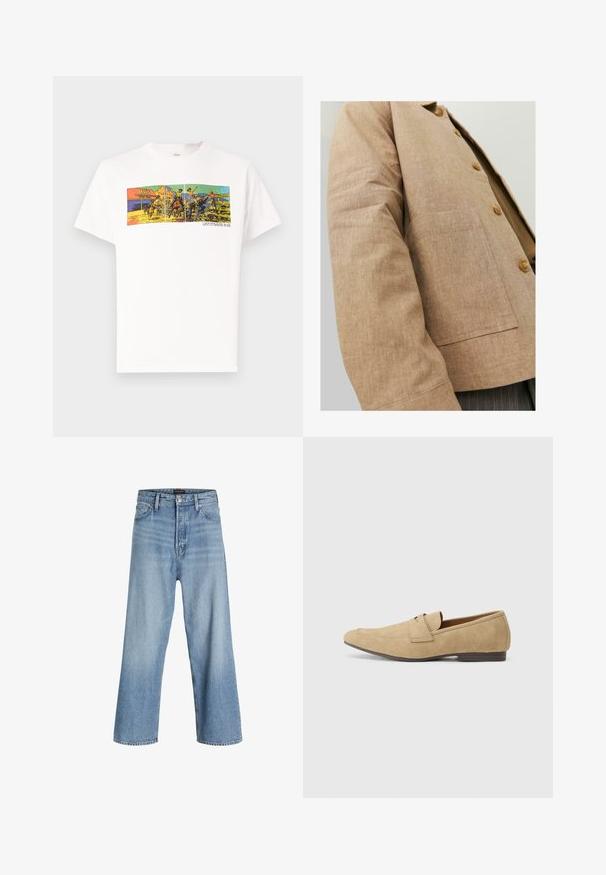 Brun linnejacka med en enkel design, som har en krage, knappar och en patchficka på framsidan. Mjuk textur och skräddarsydd form.; Vit bomull t-shirt med en färgglad grafisk tryck som skildrar en västerländsk scen med texten "LEVI STRAUSS & CO." längst ner.; Ljusblå vida jeans i denim, med hög midja, klassisk femfickdesign och knappstängning med dragkedja.; Beiga mockasiner i mocka med en lätt glans, med rund tå, snörningsfri design och en låg brun klack. Diskret sömnadsdetalj.