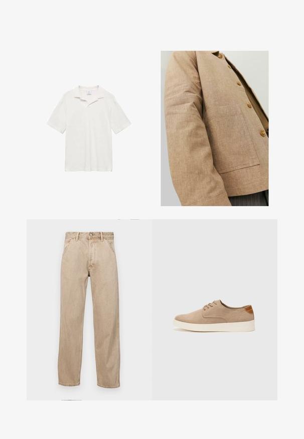 Brązowa lniana kurtka o prostym wzorze, z kołnierzykiem, guzikami i kieszonką z przodu. Miękka tekstura i dopasowany kształt.; Koszulka polo z krótkim rękawem w off-white, wykonana z bawełny, z klasycznym kołnierzykiem, bocznymi rozporkami oraz teksturowaną powierzchnią dla wygodnego dopasowania.; Beżowe dżinsy o prostym kroju, z przednimi kieszeniami, metalowym zapięciem na guzik i delikatną teksturą.; Beżowe zamszowe sneakersy z okrągłym noskiem, sznurowanym przodem i teksturowanym akcentem na tyle. Biała gumowa podeszwa tworzy kontrast. Prosty i nowoczesny design.