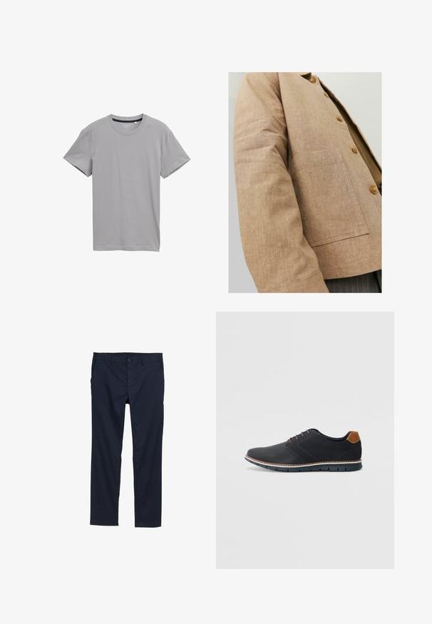 Giacca in lino marrone con un design semplice, caratterizzata da colletto, bottoni e una tasca a patta sul davanti. Texture morbida e forma su misura.; T-shirt grigio a maniche corte realizzato in tessuto morbido, con scollo rotondo classico e orlo diritto, privo di motivi o decorazioni.; Pantaloni leggeri blu navy con texture morbida, design a gamba dritta, chiusura con bottone e tasche laterali.; Scarpe sintetiche nere con tomaia testurizzata, dettagli lisci, tacco marrone e suola a contrasto. Presentano una lacerazione minimale e dettagli di cucitura.