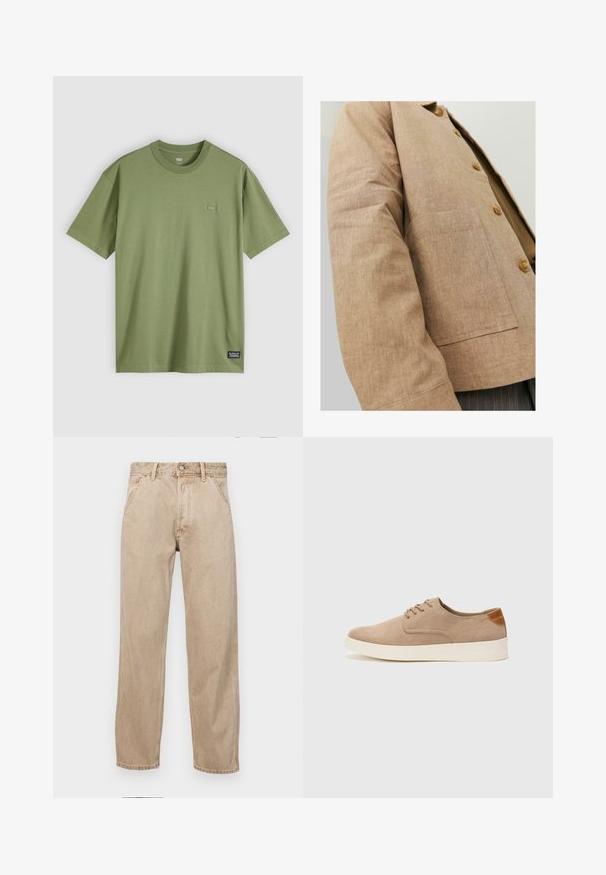 Rjav laneni jopič s preprostim dizajnom, ki vključuje ovratnik, gumbe in žep na sprednji strani. Mehka tekstura in prilagojena oblika.; Oljčno zelena bombažna majica s kratkimi rokavi in okroglim ovratnikom. Ima majhen, diskreten logotip na prsih in tkano oznako blagovne znamke na robu.; Beige jeans iz džinsa s ravnim nogavicama, ki imajo sprednje žepe, kovinsko zapiranje in subtilno teksturo.; Bež tkanine usnjene superge z zaobljenim nosom, vezalkami na sprednji strani in teksturiranim zadnjim detajlom. Belo gumijasto podplato zagotavlja kontrast. Enostaven in sodoben dizajn.