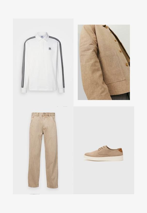 Giacca in lino marrone con un design semplice, caratterizzata da colletto, bottoni e una tasca a patta sul davanti. Texture morbida e forma su misura.; Polo shirt bianco a maniche lunghe con colletto classico, accenti neri a tre strisce lungo le maniche e un piccolo logo nero sul petto.; Jeans in denim beige con un design a gamba dritta, dotati di tasche frontali, chiusura con bottone metallico e una texture delicata.; Sneaker in suede beige con punta arrotondata, stringhe davanti e un accento testurizzato sul retro. La suola in gomma bianca offre un contrasto. Design semplice e moderno.