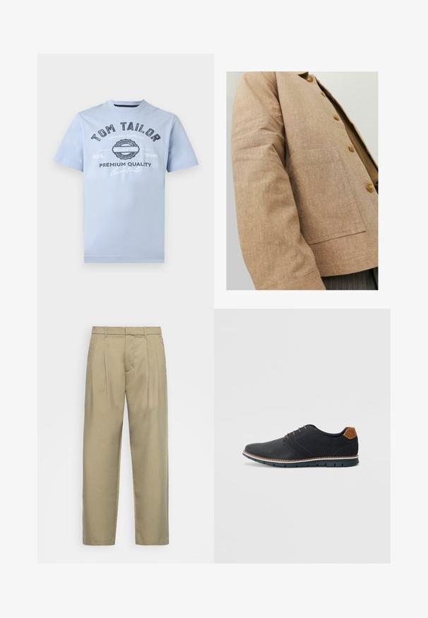 Rudas lininis švarkas su paprastu dizainu, turintis apykaklę, mygtukus ir kišenę šoninėse. Minkšta tekstūra ir pritaikyta forma.; Šviesiai mėlynas medvilninis marškinėliai su apvalia apykakle, trumpomis rankovėmis ir tamsiai mėlynu spaudiniu. Pasižymi logotipu ir įsteigimo metų dizainu.; Šviesiai rudos, aukšto liemens kelnes su tiesia kirpimu, su plokščiu priekiniu paviršiumi, šoninėmis kišenėmis ir lygiu, tekstūruotu audiniu.; Juodi sintetiniai batai su tekstūruotu paviršiumi, lygiomis detalėmis, ruda kulna ir kontrastingu padu. Yra minimalus raištelių užsidėjimas ir siuvimo detalės.