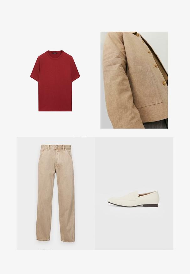 Hnědá lněná bunda s jednoduchým designem, která má límec, knoflíky a náprsní kapsu. Měkká textura a přiléhavý střih.; Červené bavlněné tričko s krátkými rukávy, kulatým výstřihem a hladkou texturou. Jednoduchý design bez viditelných vzorů nebo akcentů.; Béžové džíny z denimu se středně širokým střihem, vybavené předními kapsami, kovovým zapínáním na knoflík a jemnou texturou.; Světlé béžové mokasíny s špičatou špičkou, hladkým materiálem, páskem přes nárt a nízkou hnědou podrážkou. Jednoduchý design s minimálními akcenty.