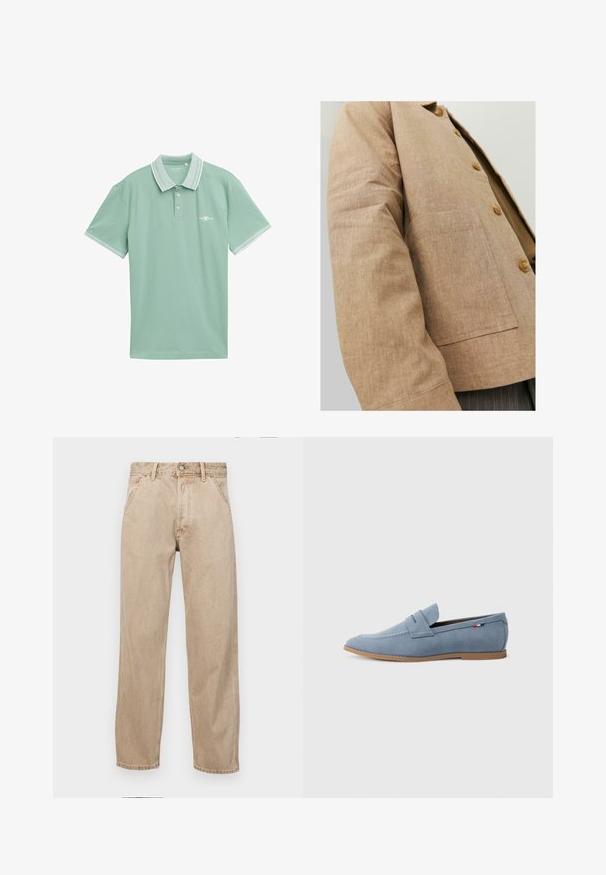 Ruskea pellavapaita, jossa on yksinkertainen muotoilu, kaulus, napit ja etupuolella tasku. Pehmeä rakenne ja istuva malli.; Vaaleanvihreä polo-paita pehmeästä kankaasta, jossa on klassinen kaulus, kontrastivalkoinen reunus ja pieni logo rinnassa.; Beige farkkuhousut suoranlahkeisella muotoilulla, joissa on etutaskut, metallinen nappisulku ja hillitty rakenne.; Vaaleansininen mokkanahkainen loafer, jossa on sileä pinta, koristeommel ja ruskea kumipohja. Mallissa on myös penny-slot-tyylinen rakenne päällisessä.
