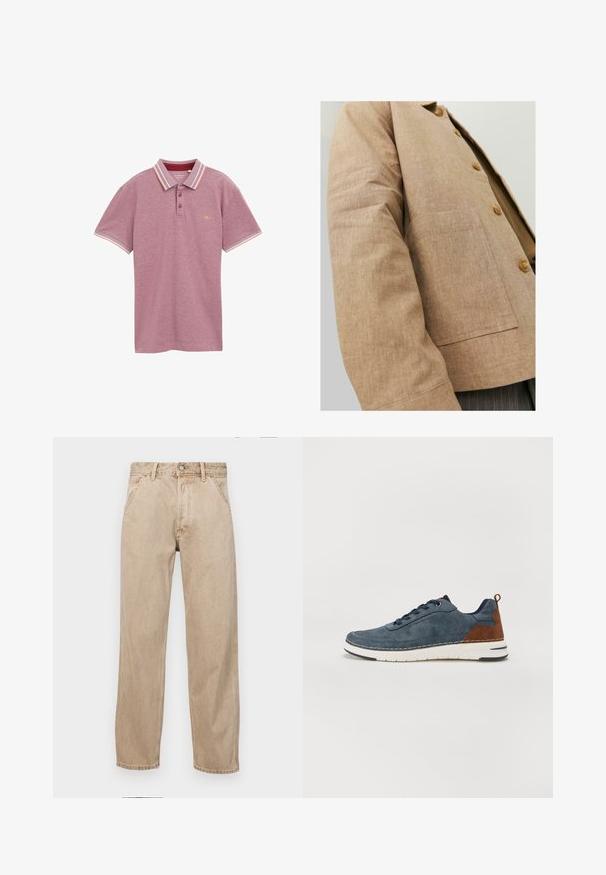 Braune Leinenjacke mit schlichter Optik, ausgestattet mit einem Kragen, Knöpfen und einer aufgesetzten Tasche auf der Vorderseite. Weicher Griff und taillierte Form.; Burgunderrotes Poloshirt, kurze Ärmel, Strickstoff, Zwei-Knopf-Leiste, gestreifter Kragen und Ärmelsäume in kontrastierenden Farben, Logo auf der Brust.; Beige Denim-Jeans mit geradem Beinschnitt, ausgestattet mit Vordertaschen, einem Metallknopfverschluss und feiner Textur.; Navyblaue Sneaker aus strukturiertem Stoff, mit braunen Lederakzenten, runder Zehenpartie, weißer Zwischensohle und kontrastierenden Nähten. Eignet sich für die Freizeit.