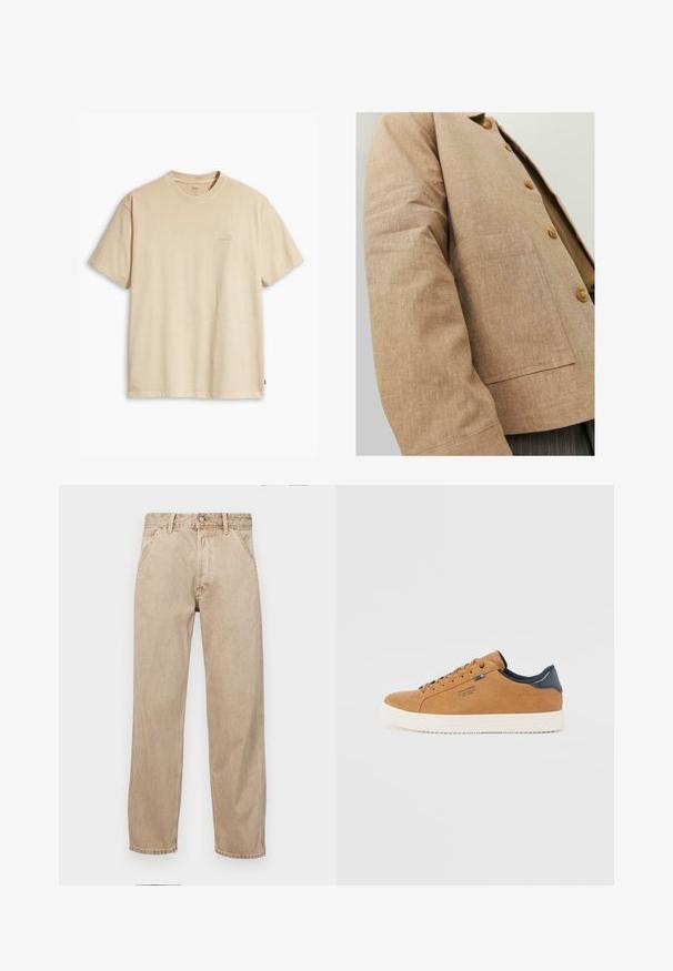 Rudas lininis švarkas su paprastu dizainu, turintis apykaklę, mygtukus ir kišenę šoninėse. Minkšta tekstūra ir pritaikyta forma.; Kreminė medvilninė marškinėliai su apvalia iškirpte ir trumpomis rankovėmis. Ant krūtinės yra subtilus „Levi's“ logotipas tos pačios spalvos. Minkšta tekstūra.; Smėlio spalvos džinsai su tiesia kojų siluetu, turintys priekinę kišenę, metalinį mygtuką ir subtilią tekstūrą.; Ruda odinė sportinė avalynė su baltu guma padėklu, su apvaliais raišteliais, mėlyna akcentu ir lygaus paviršiaus. Paprastas, žemas dizainas.