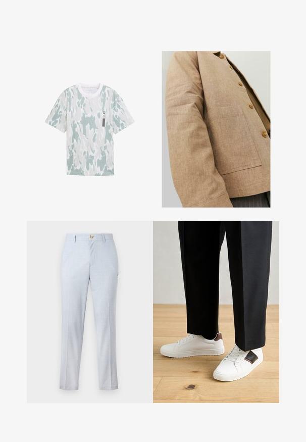Braune Leinenjacke mit schlichter Optik, ausgestattet mit einem Kragen, Knöpfen und einer aufgesetzten Tasche auf der Vorderseite. Weicher Griff und taillierte Form.; Hellgrünes und weißes gemustertes T-Shirt mit kurzen Ärmeln, Rundhalsausschnitt und einem kleinen schwarzen Etikett auf der Vorderseite. Weicher Stoff.; Helle blaue Anzughosen aus gewebtem Stoff mit klassischer Passform, geradem Bein, frontalen Taschen und Knopfverschluss. Dezente Musterdetails.; Weiße Sneakers mit glatter Textur, versehen mit braunen Lederakzenten und schwarzen Details, kombiniert mit schwarzen maßgeschneiderten Hosen. Hintergrund aus Holzboden.