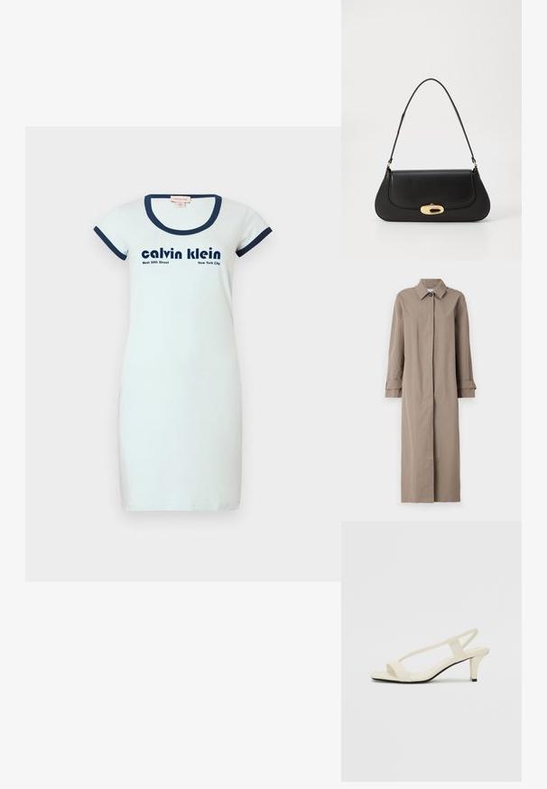 Pitkä beige takki, joka on valmistettu teksturoidusta kankaasta, ja siinä on kaulus, napitus sekä hihansuut, joissa on käänteet. Minimalistinen muotoilu suoran siluetin kanssa.; Valkoinen puuvillamekko, jossa on kapea muotoilu, pyöreä tummansininen ribbineck ja lyhyet hihat. Mekossa on mustaa tekstiä: "calvin klein" ja "West 39th Street New York City."; Beige sandaalit, joissa on loiva korko, ohuet hihnat ja neliönmallinen varvasosa. Sileä materiaali, jossa on minimaalista yksityiskohtaa, suunniteltu helppokäyttöiseksi.; Musta nahkainen käsilaukku, jossa on kaareva muotoilu, kultasävyiset yksityiskohdat ja yläkahva. Sisältää tyylikkään sulkijan ja sileän pinnan.