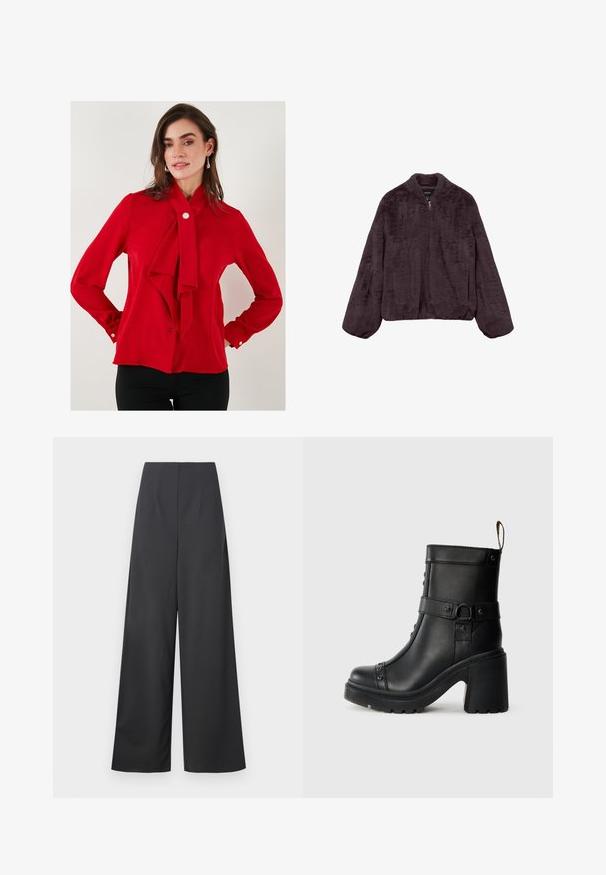 Tamno ljubičasti lažni krzneni kaput na zatvarač s dugim, širokim rukavima i elastičnom donjim dijelom, prikazan ravno na bijeloj pozadini.; Crvena bluza od glatke tkanine s povezanom mašnom na ovratniku, dugim rukavima s dugmadi na manžetama i jednim dugmetom za zatvaranje na vratu.; Hlače visoke pete širokih nogavica u tamnosivom materijalu s glatkom teksturom. Nemaju vidljive džepove niti ukrase.; Crne kožne gležnjače s debelim visokim potpeticama, detaljem na boku s kopčom i ukrasnim čavlima duž prednjeg šava. Teksturirana gumena potplat.