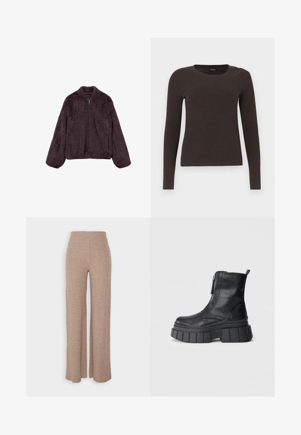 Tumši violetas mākslīgās kažokādas ar rāvējslēdzēju, ar garām brīvām piedurknēm un elastīgu apakšmalu, izklāta uz balta fona.; Brūns, garām piedurknēm ribots tops ar apaļu kakla izgriezumu. Izgatavots no gludas, elastīgas materiāla, ar pieguļošu siluetu un minimālu apdari.; Beigās ribotās platās bikses ar augstu jostu un mīkstu tekstūru, kurām ir vaļīga piegriezuma un nav redzamu aizdare.; Melna ādas potītes zābaku ar masīvu rievotu zolīti un sānu rāvējslēdzēju, novietoti uz neitrālas pelēkas fona.