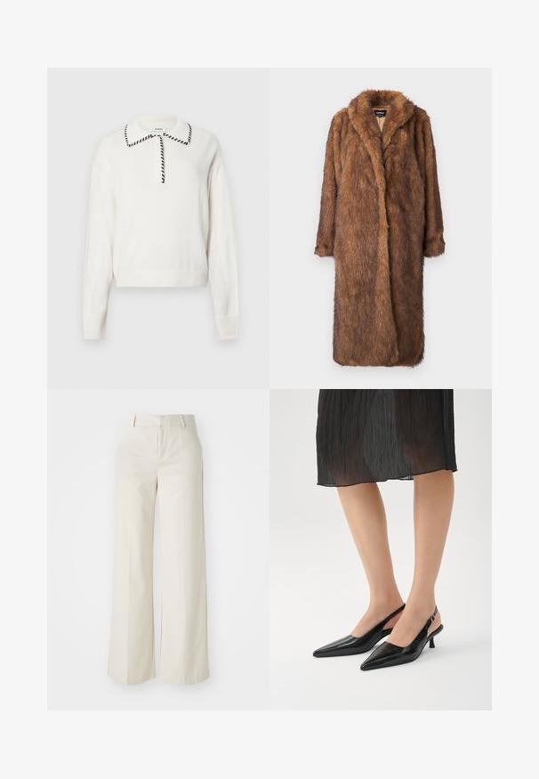 Smeđi lažni krzneni kaput s mekom, teksturiranom površinom. Ima šal kragnu i otvoreni dizajn sprijeda, doseže do koljena i ima dugačke rukave.; Bijela pletiva bluza s ovratnikom sa crnim obrubom, s gumbima na prednjem dijelu i rebrastim manžetama i donjim rubom za prilagođeni izgled.; Hlače širokih nogavica u svijetloj bež boji, izrađene od glatke tkanine. Imaju klasičnu elastičnu traku u struku i ravni prednji dio s čistim linijama.; Crne štikle na petu s otvorenom petnom sigurnosnom trakom, s sjajnom završnicom, vitkom petom i otvorenim dizajnom straga. Teksturalni uzorak na gornjem materijalu.