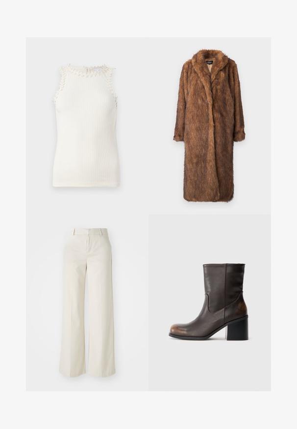 Ruskea tekoturkki takki, jossa on pehmoinen ja teksturoitu pinta. Takissa on kaulustaulukkohame ja avoin etuosa, joka ulottuu polveen saakka ja siinä on pitkät hihat.; Ribattukuvioinen hihaton toppi off-white-värissä, jossa on koristeellinen frange-reunus kaula-aukolla. Topissa on vartaloon myötäilevä siluetti ja pehmeä rakenne.; Tilavat housut vaaleassa beigeissä sävyissä, valmistettu sileästä kankaasta. Ominaisuuksina klassinen vyötäröosa ja litteä etuosa, joissa on puhtaat linjat.; Tummanruskea mid-calf-nahkakengät, joissa on pyöreä kärki ja lohkopohja, näyttäen hienovaraisia kulumisen yksityiskohtia kärjessä ja kantapään alueilla.