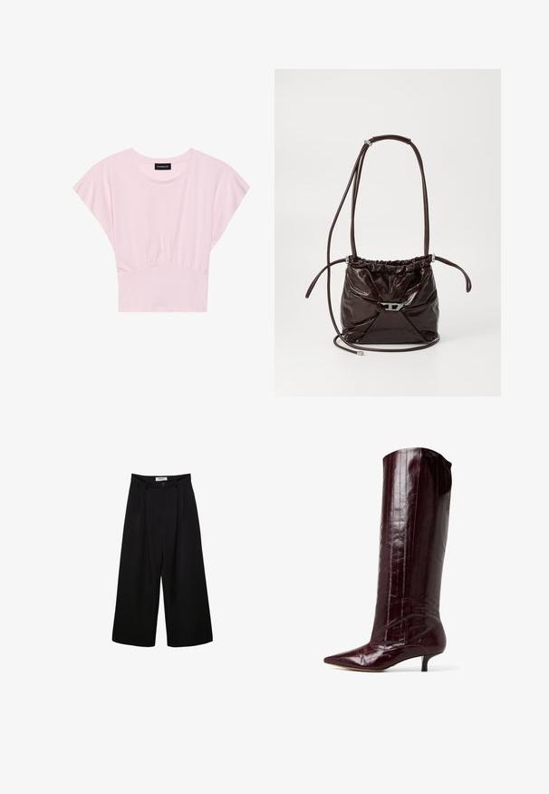 Hnědý kabát z umělé kožešiny s měkkým, texturovaným povrchem. Má šálový límec a otevřený design, délka ke kolenům s dlouhými rukávy.; Růžové tričko s krátkým rukávem a designem v oblasti pasu s nařasením. Vyrobeno z měkké tkaniny, má kulatý výstřih a volný střih.; Černé široké kalhoty s vysokým pasem, skladbou v přední části a zapínáním na knoflík. Vyrobené z hladkého materiálu s precizním střihem.; Burgundské kozačky do výšky kolen v lesklém patentním materiálu. Mají špičatou špičku a kočičí podpatek s vertikálními liniemi na svršku.; Tmavě hnědá lesklá kožená taška přes rameno s nařaseným vrškem a tenkým nastavitelným popruhem, se malým detailním stříbrným zapínáním na přední straně.