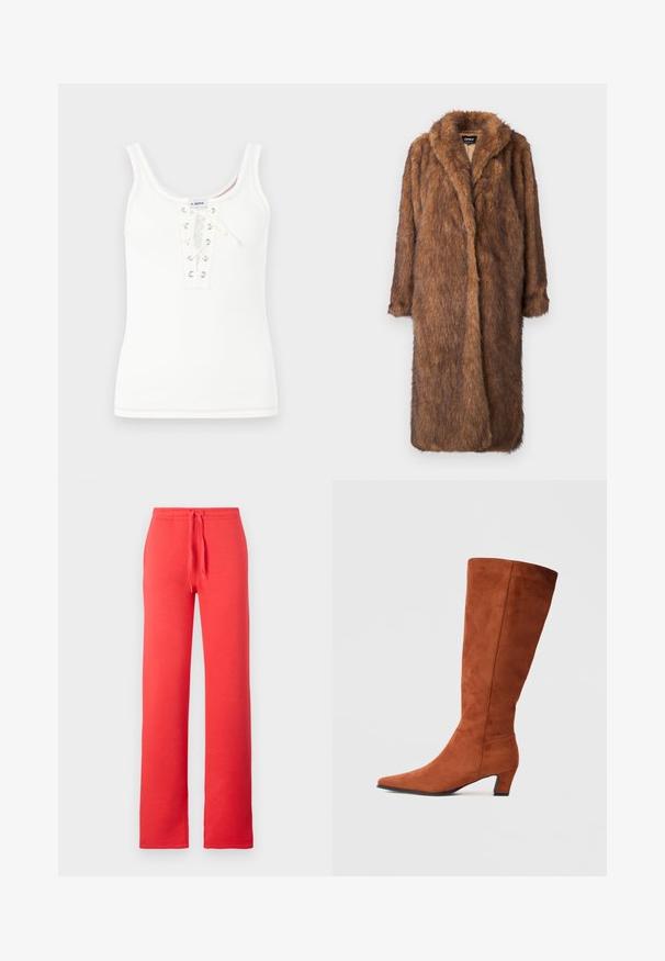 Manteau en fausse fourrure marron avec une surface texturée et pelucheuse. Il arbore un col châle et un design à devant ouvert, s'étendant jusqu'aux genoux avec des manches longues.; Débardeur blanc à côtes avec un devant lacé agrémenté d'œillets en métal et d'un col rond, terminé par des détails de couture contrastés.; Pantalon de survêtement rouge en tissu doux, avec une taille élastique à cordon de serrage, des jambes droites, sans poches ni motifs supplémentaires.; Botte en daim marron jusqu'au genou avec un bout pointu et un petit talon bloc, présentant une texture lisse et un design minimaliste.