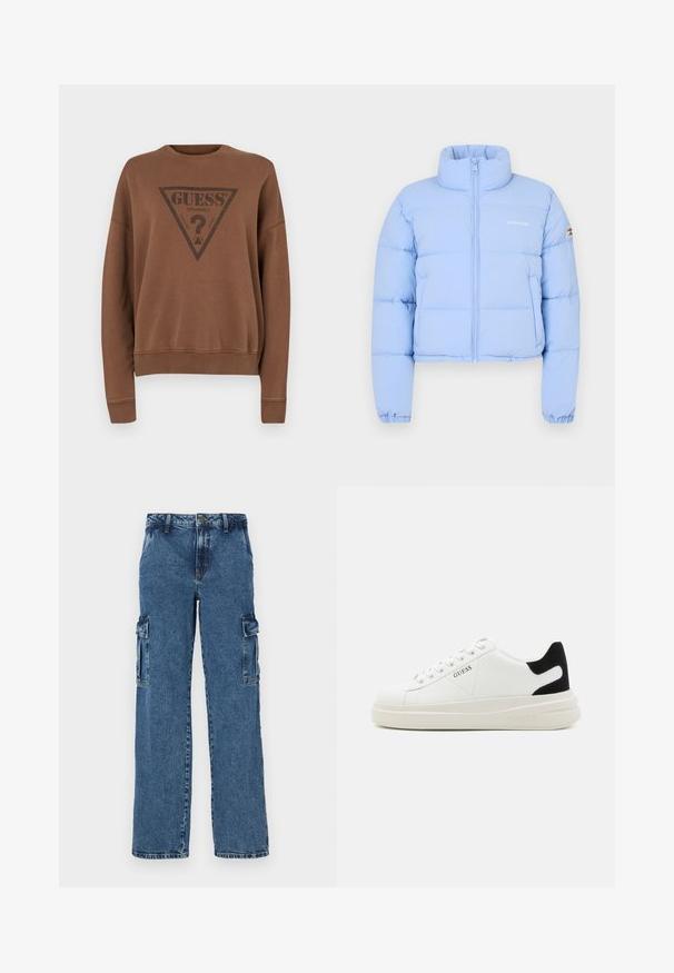 Giacca puffer accorciata di colore azzurro chiaro con colletto alto, zip frontale, texture trapuntata e logo ricamato sul petto.; Felpa marrone con collo rotondo, caratterizzata da un grande logo triangolare nero con la scritta "GUESS? ORIGINALS" al centro e polsini a coste.; Pantaloni cargo in denim blu con vestibilità relaxed, dotati di due tasche laterali, cuciture rinforzate e design a gamba dritta.; Sneaker bianchi in pelle con suola spessa bianca, accento in suede nero sul tallone e logo impresso sul lato. Design con lacci e sei fori per i lacci.