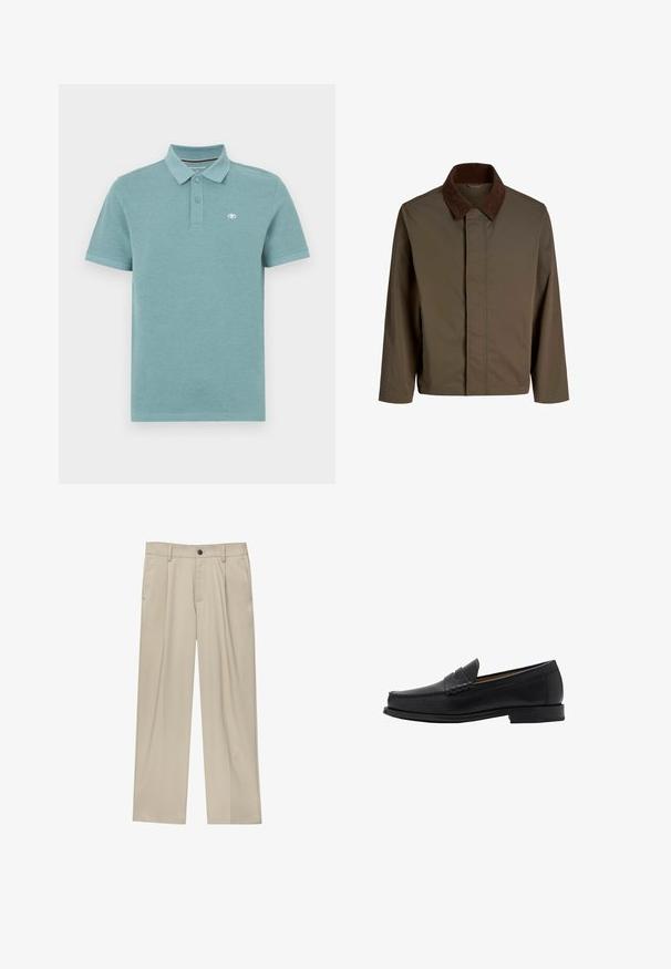 Ruskea kangastakki, jossa on tumma ruskea samettikaulus, suora malli, pitkät hihat ja edessä suljenta, jossa ei ole näkyvää metalliosaa.; Vaaleanbeige villaneule, jossa on pyöreä kaula-aukko ja ribbauskudokset. Kankaassa on tekstuuria ja tummansininen kontrastiväri sisäkauluksessa.; Pikepaita vaaleansinisessä teal-värissä, lyhyet hihat, polo-kaulus kahdella nappilla, sisältää pienen logon vasemmassa rinnassa, sileä puuvillakangas.; Beige-housut suoran leikkauksen omaavina, joissa on yksi musta nappi, vyölenkit ja sivutaskut. Sileä kangas ja minimalisti muotoilu.; Mango Puvunkengät - black